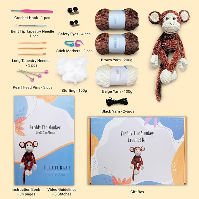 CULETCRAFT Crochet Kit for Beginners Adults, Freddy The Monkey DIY Crochet Animal Kit for Beginners, Learn to Crochet with Step-by-Step Instruction Book, Beginner Crochet Kit for Adults