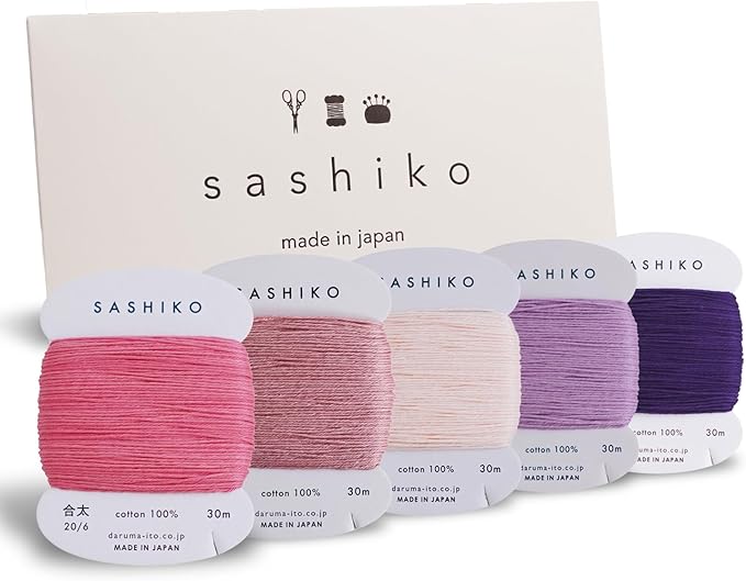 DARUMA Sashiko Thread 100% Cotton Card Type (32.8 yd) x 5 Colors with English Manual, Sewing & Embroidery Value Set with Gift Package(Thick, Tefutefu)