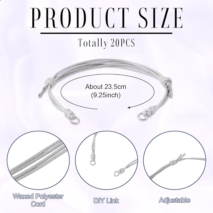 KISSITTY 20pcs Adjustable Bracelet Cords for Connector Charms Waxed Polyester Thread Cord Gray Color Half Finished Bracelet for Friendship Bracelets Jewelry Making