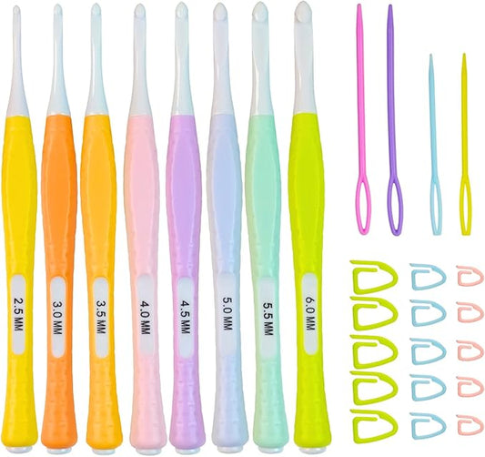 Araeknotta Small Crochet Hooks Set with Stitch Markers, Yarn Needles - 8 Sizes (2.5mm, 3mm, 3.5mm, 4mm, 4.5mm, 5mm, 5.5mm, 6mm) -Ergonomic Plastic Crochet Hook Needles for Arthritic Hands