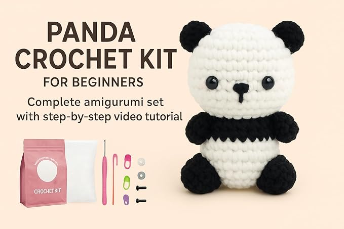 Panda Crochet Kit for Beginners – Complete Amigurumi Animal Set with Yarn, Hook & Step-by-Step Video Tutorial – Easy DIY Craft for Adults, Kids & Whole Family.