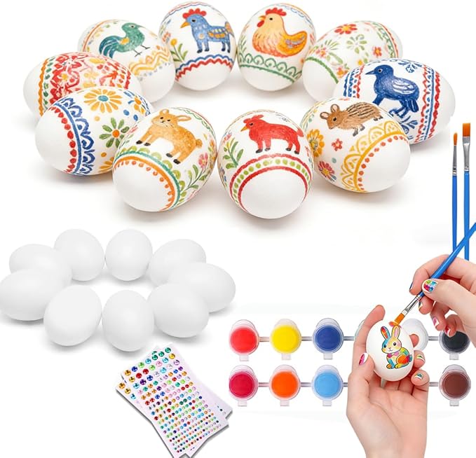 10 Pcs Wooden Easter Egg DIY Painting Kit ，Graffiti Art Crafts Spring Paint Your Own Easter Party Egg Statues ，Brushes Acrylic Paints Party Favor for Easter Spring Party Decorations