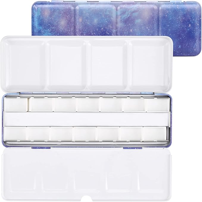 LOONENG Empty Watercolor Palette, Empty Watercolor Tin with Fold Out Palette, Medium Purple Watercolor Tray Palette with 14 Empty Full Pans for Plein Air Painting and Sketching