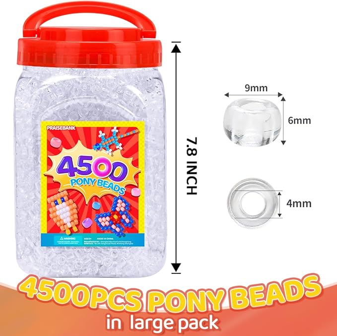 praisebank pony beads, 4500pcs 6x9mm, wholesale beads, bracelets jewelry making, arts & crafts(clear)