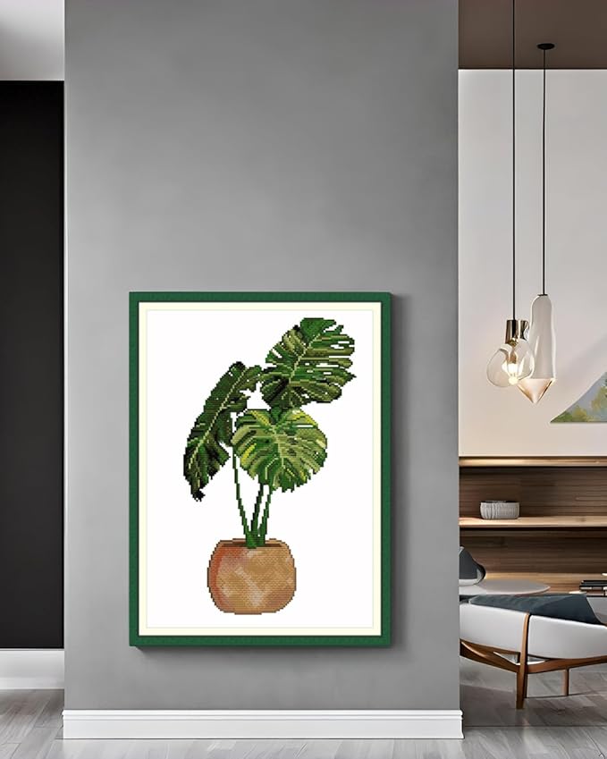 CaptainCrafts Cross Stitch Kits, New Counted Kit Unprinted 14CT Fabric Cross Stitching DIY Art DMC Needlecrafts Embroidery Kit for Adults Beginner (White, Monstera deliciosa)