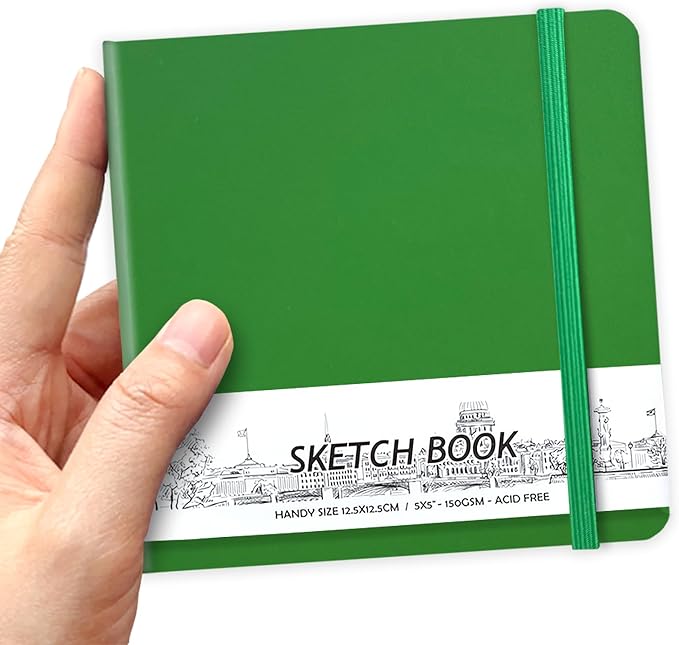 5" x 5" Hardcover Sketch Book,Small Mixed Media Sketch Pad,58 Sheets 150GSM Acid-Free Artist Drawing Paper,Travel Journal Blank Notebook for Adults Painting,Illustration,Art Supplies.Grass Green