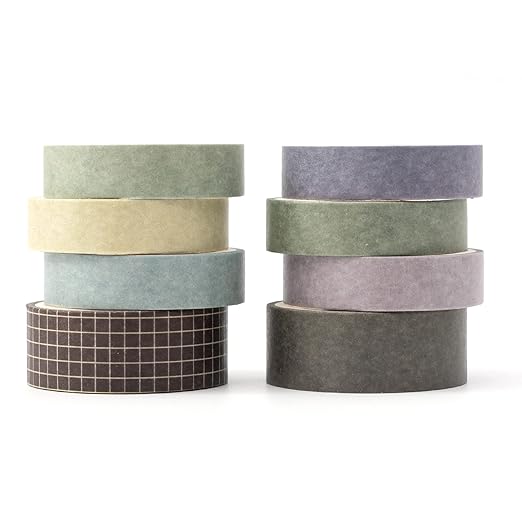 YUBBAEX 8 Rolls Basic Washi Tape Set Solid Color Grid Masking Decorative Tapes for Arts, DIY Crafts, Journals, Planners, Scrapbooking, Wrapping (Milk Tea)