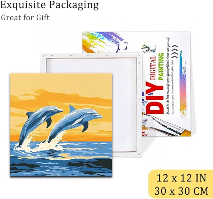 Natuyalo Framed Paint by Numbers Kit for Adults, Dolphin Easy Acrylic Paint by Numbers on Canvas with Paints and Brushes, Animals Arts Crafts Kits for Home Wall Decor (12x12 Inch)
