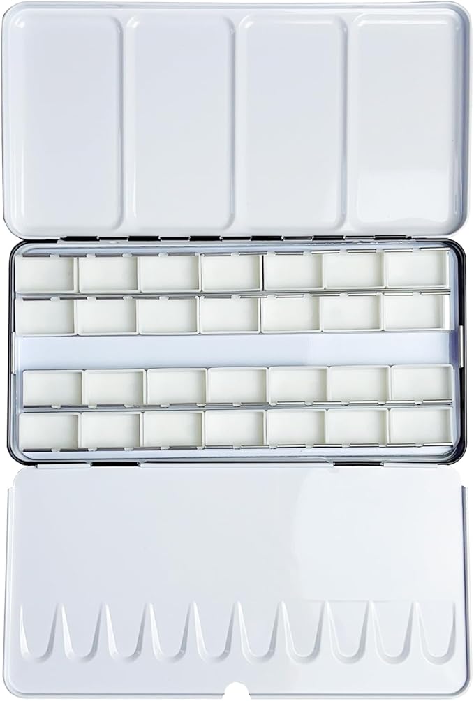 FCLUB Empty Watercolor Tins Palette Paint Case – Large Watercolor Palette Box Metal Tin with 28 Standard 3ml Full Pans