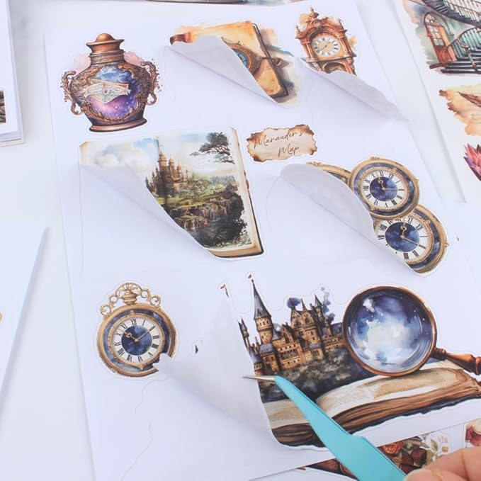 The Secrets of Wizards Sticker Book for Journaling Collage, 20 Sheets Precut Transparent PET Washi Matte Paper Materials Stickers for Scrapbooking, Junk Journal Supplies, Planner