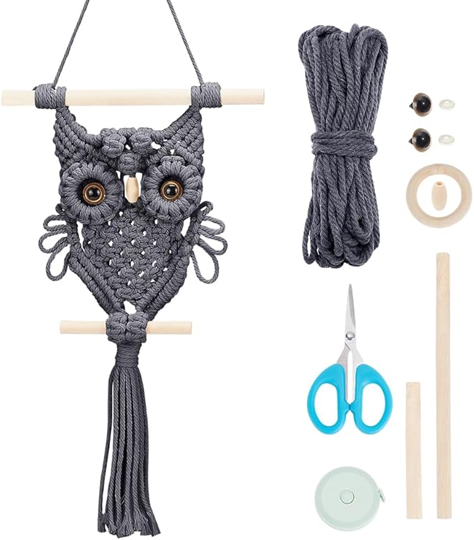 ORIGACH DIY Macrame Owl Wall Hanging Tapestry Kit Grey Cotton Handmade Macrame Owl Kit with Video Tutorials Boho Macrame Wall Hanging Decor Woven Ornament Gift for Bedroom Living Room