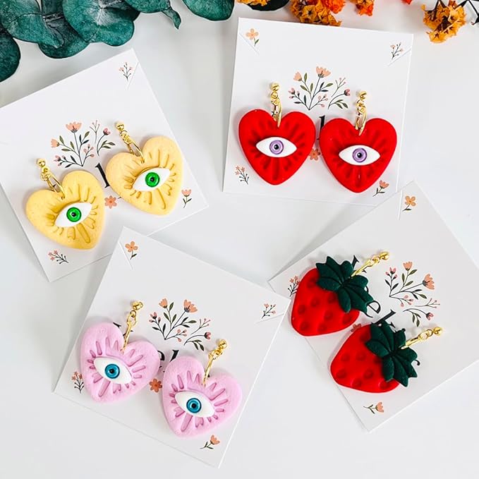 Xaekicr 4PCS Polymer Clay Cutters Set - Eye, Strawberry, Clover Heart Shape Clay Earring Cutters for DIY Jewelry Making, Clay Tools and Polymer Clay Molds