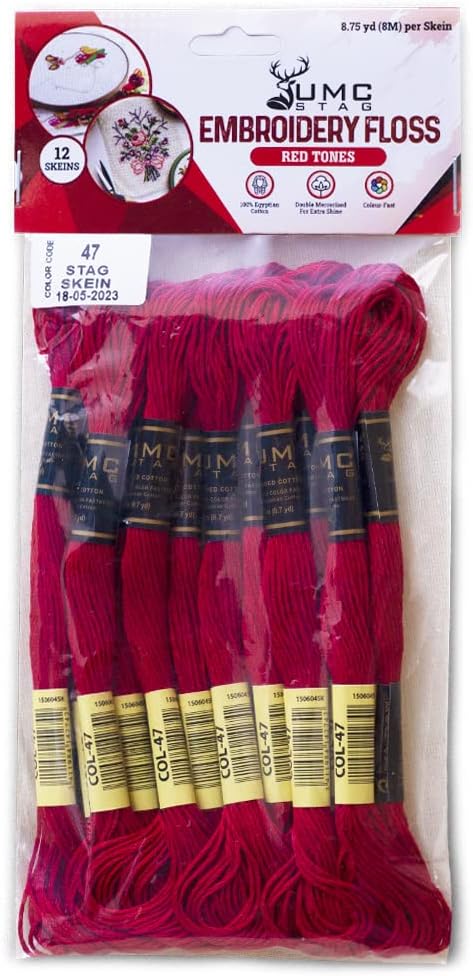 Pack of 12 Premium Embroidery Thread | 100% Egyptian Cotton Premium Skeins | Cross Stitch Embroidery Floss | Oeko TEX Certified Stranded Cotton | Ideal for Arts & Crafts (Red 47)