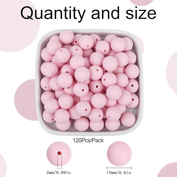 MAIBAOTA 120 Pcs Light Pink Silicone Beads 15 mm for Keychain/Pens/Bracelet/Necklace Making - Focal Loose Rubber Round Beads Bulk for Craft Making (With Boxed Kits)