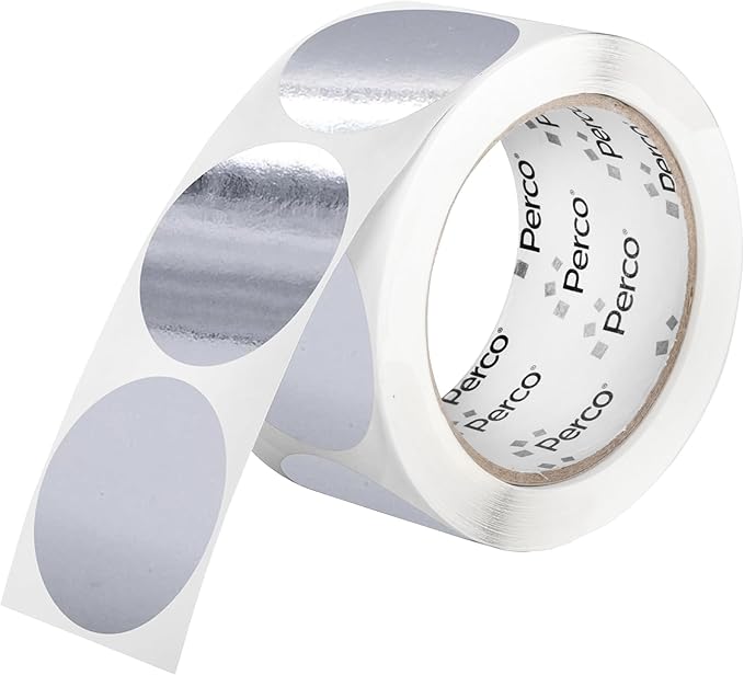 perco metallic silver 2-inch perforated circle dot sticker labels — 250 round stickers per roll — with permanent adhesive for awards, product seals, gift packaging, event marking & more — made in usa