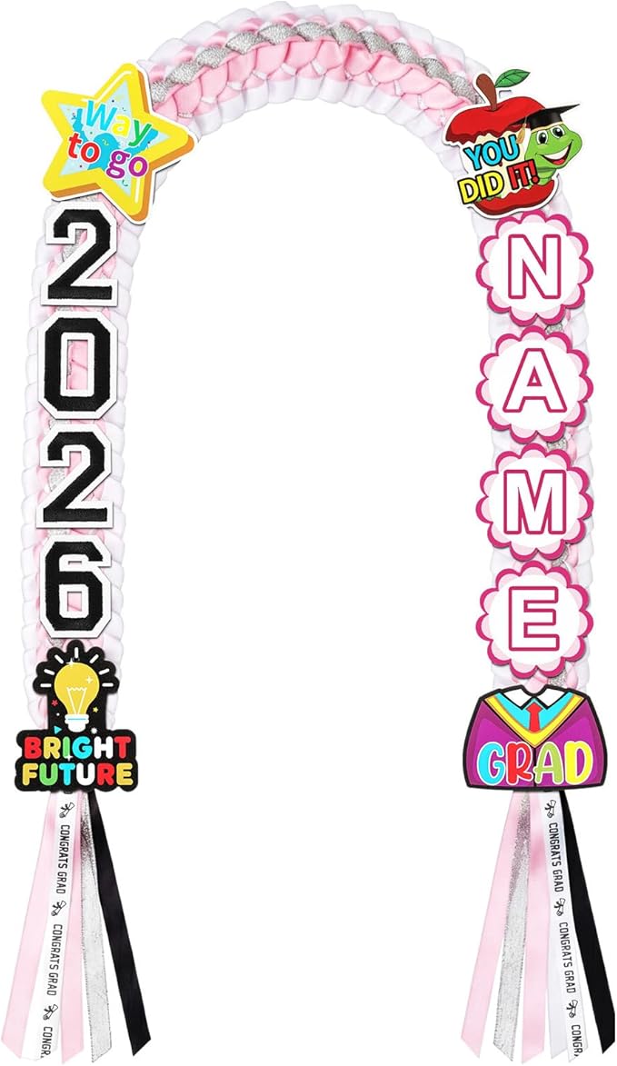 Juexica Kindergarten Graduation Ribbon Leis Class of 2026 Braided Necklace Making Kit with Alphabetic Decorative Cards Preschool Kids Grad Graduation Party Gifts(Pink, White)