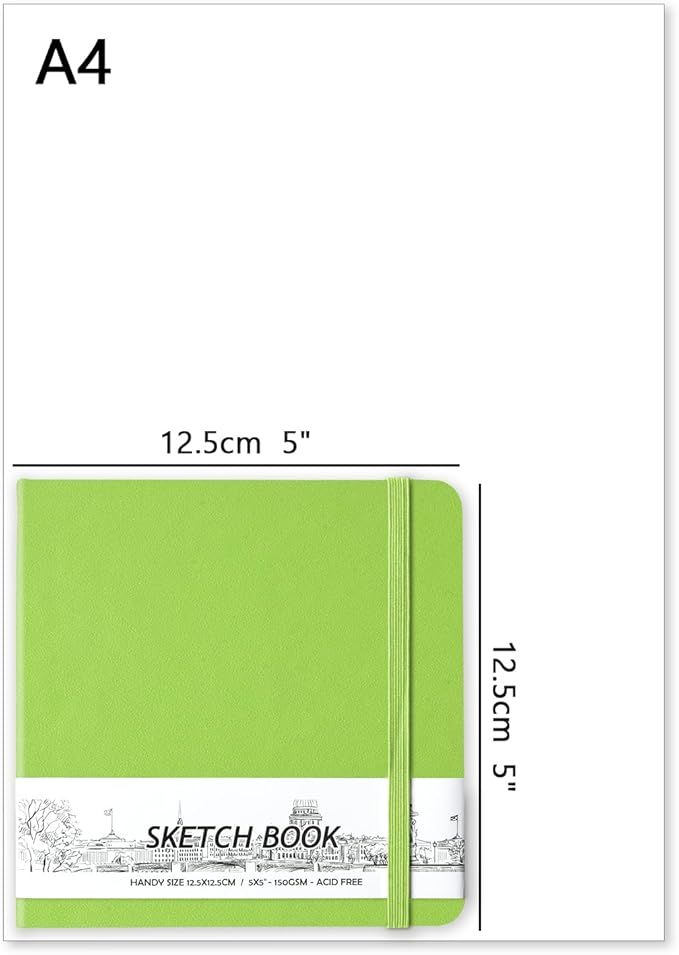 5" x 5" Hardcover Sketch Book,Small Mixed Media Sketch Pad,58 Sheets 150GSM Acid-Free Artist Drawing Paper,Travel Journal Blank Notebook for Painting,Illustration,Art Supplies.Hami Melon Green