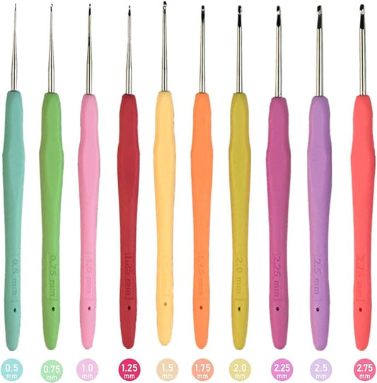 MTGHYARE 10 Small Sizes Lace Crochet Hooks Set 0.5mm - 2.75mm Ergonomic Soft Grip Handle Crochet Hook Needles Thread Crochet Hooks Yarn Lace Knitting Needles