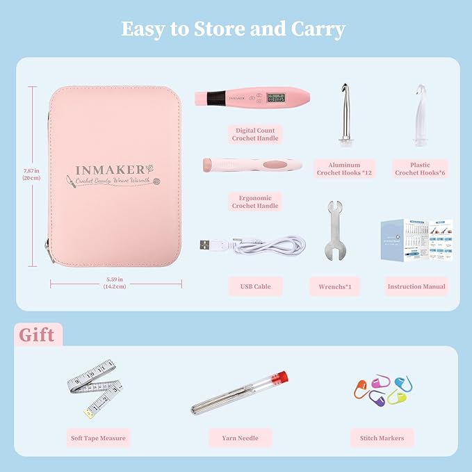 inmaker light up crochet hook set, 18in1 lighted crochet hook with counter, crochet needles gifts for beginners, arthritic hands(2.0-14.0mm)
