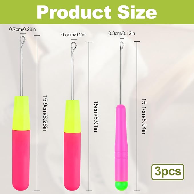 3Pack Latch Hook Tool, 3 Size Crochet Needle for Hair, Extension Micro Braid Multi-Purpose Knitting Needles,Hair Crochet Hook for Scarf Carpet Making, Art Craft (0.12+0.2+0.28 Inch)