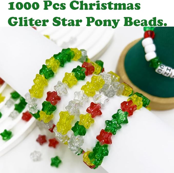MIIIM 1000 Pcs Christmas Gliter Star Pony Beads Shapes for Friendship Bracelet, Large Hole Kandi Beads for Hair Braids, Jewelry Making (Christmas Star)