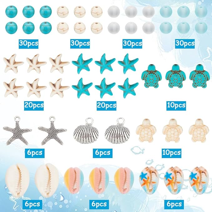 SUNNYCLUE 1 Box 210Pcs Starfish Bead Turtle Beads Lucky Turquoise Beads Bulk Summer Ocean Beads Sea Animal Charms Shell Beads Seashell Charms for Jewelry Making Beading Kits Women DIY Craft Supplies