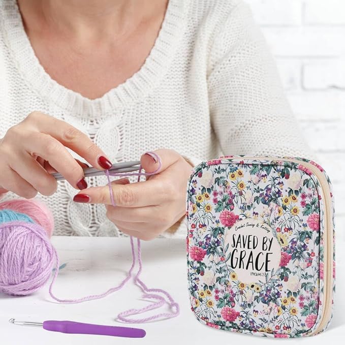 Crochet Hook Case,Portable Zipper Storage Organizer Bag for Crochet Hooks, Knitting Needles, Project & Sewing Supplies, Lightweight,Easy to Hold (No Accessories Included).Beige Flower Clusters