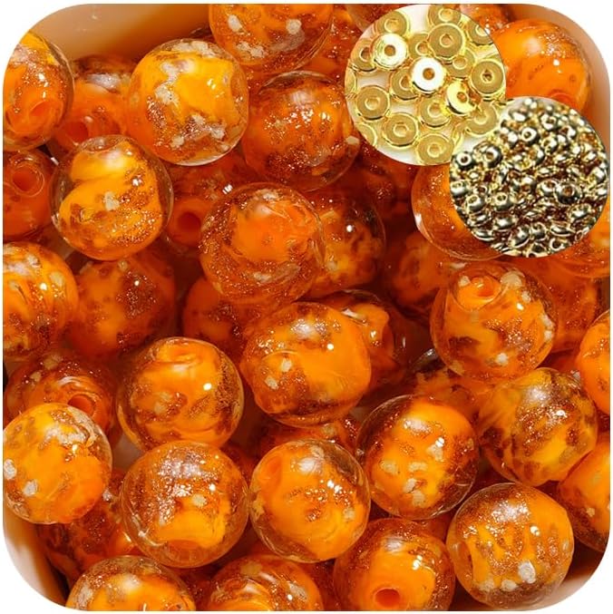 8mm 200pcs Glow in The Dark Glass Beads with Holes for Jewelry Making Bracelets Earrings Necklace Bulk Lampwork Solar Unique DIY Crafts Gold Spacer Beads Kit(100pcs Beads+100pcs Spacer)