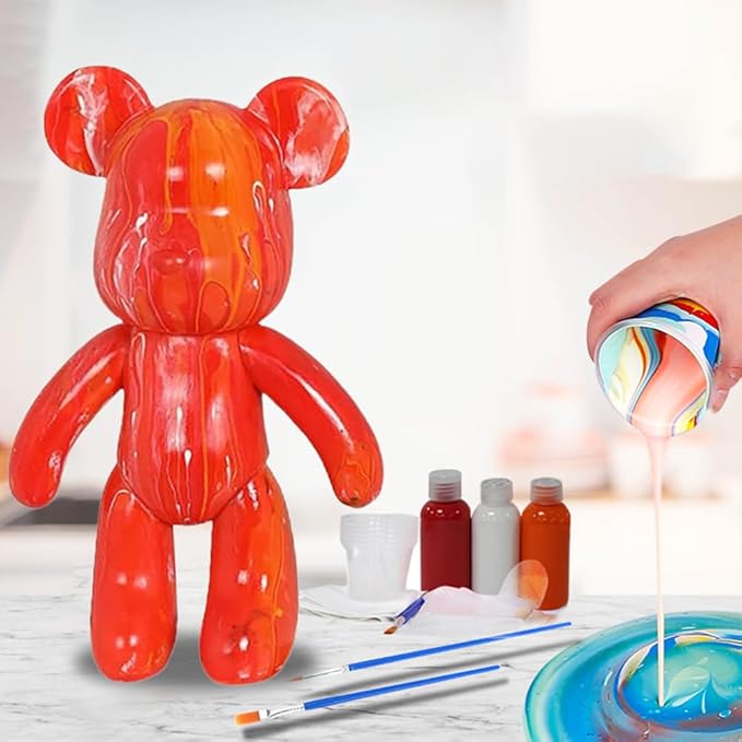 HANDA DIY Painting Fluid Bear Teddy Bear Painting Kit Set Creative Home Decorations Handmade Doll Figurine Toys Gift for Birthday Valentines (13.4 inch, Red+Orange+White)