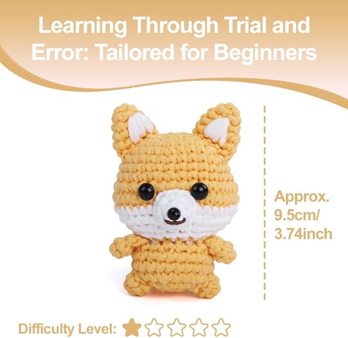 Autglint Fox Crochet Kit for Beginners, Amigurumi Animal DIY Knitting Kit with Step-by-Step Video Guides, Learn to Crochet Kit for Adults & Kids with Pre-Started Yarn - Orange Fox
