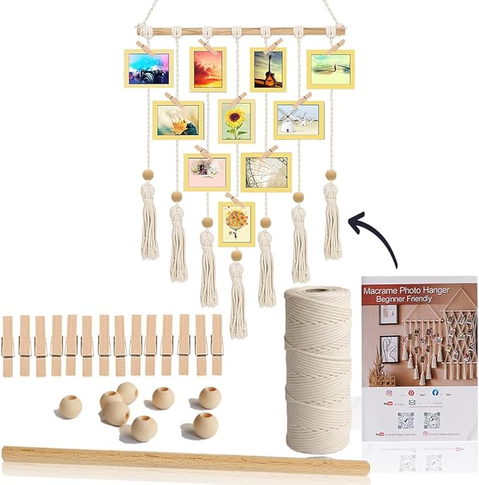 Ewparts Macrame Kit for Adults Beginners – 3mm Cotton Rope Wall Hanging Set to Make Photo Display, Includes Wood Clips, Wooden Dowel, Instructions & Video – Boho Home Decor Craft Supplies