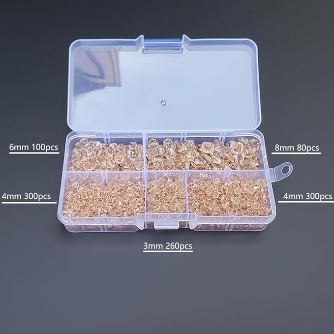 Silver Champagne Bicone Glass Beads for Jewelry Making, Faceted Crytal Spacer Beads for Bracelet Necklace Earring (3mm 4mm 6mm 8mm Mixed Sizes, 1040pcs)