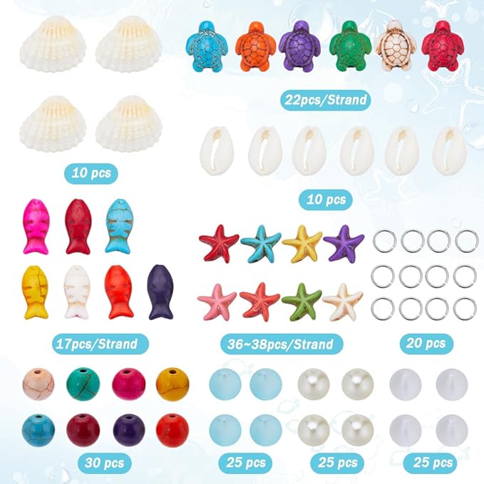 SUNNYCLUE 1 Box 200+Pcs Turtle Beads Starfish Beads Bulk Bohemian Style Natural Shell Charms Colorful Fish Charm Summer Ocean Sea Animal 8mm Round Glass Spacers for Jewelry Making Beading Kits