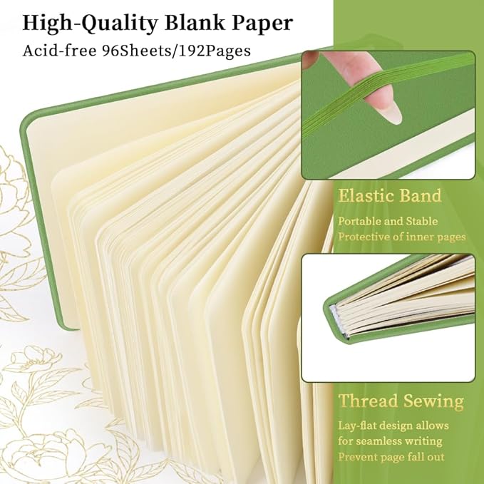 E-WEICHEN Square 5x5 inches 80gsm 96sheets/192 Pages Notebooks Blank Sketchbooks Travel Journal Pocket Hardcover Paint Writing Diary Memo Planner PU Leather Cover. Green