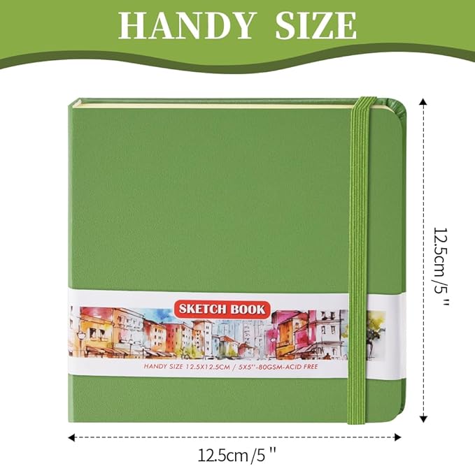 E-WEICHEN Square 5x5 inches 80gsm 96sheets/192 Pages Notebooks Blank Sketchbooks Travel Journal Pocket Hardcover Paint Writing Diary Memo Planner PU Leather Cover. Green