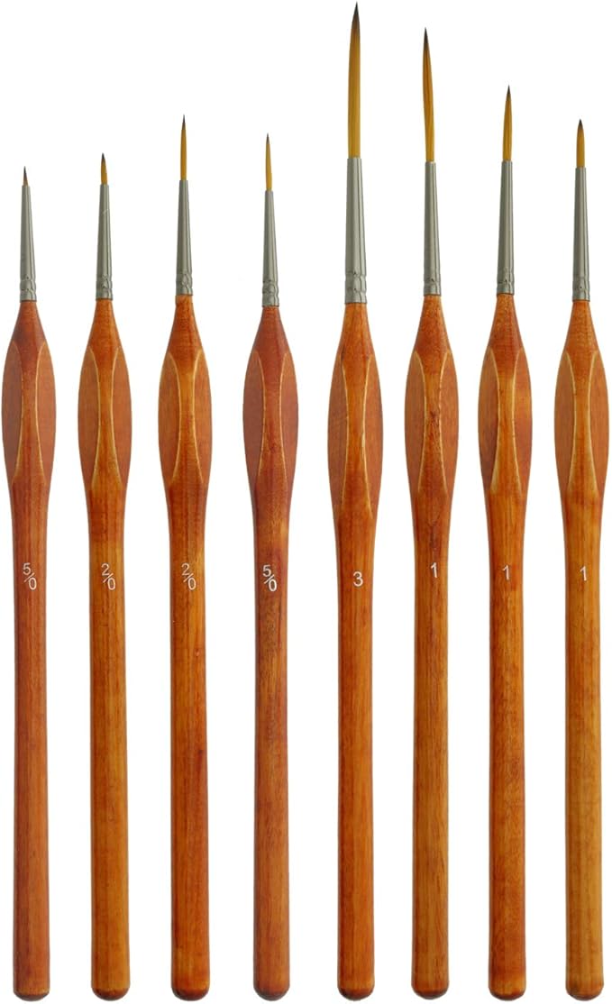 U.S. Art Supply 8 Piece Taklon Detail and Liner Artist Brush Set with Wood Comfort Grip Handles - Art, Detailing, Acrylic, Oil, Watercolor