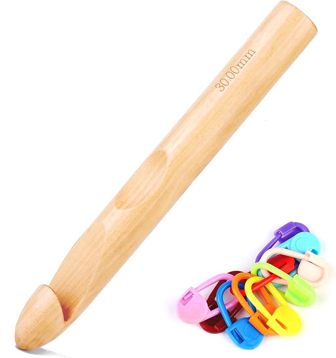 Wooden Crochet Hooks, 30mm Wooden Handle Crochet Hook Bamboo Knitting Crochet Needles with 10 pcs Knitting Stitch Markers for Handcraft Crocheting