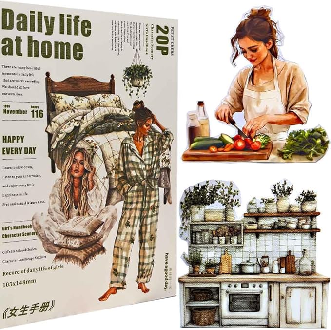 20 Sheets Daily Life Sticker Book for Journaling Supplies, Aesthetic Home Girl Sticker for Scrapboook Junk Journal, Die-Cut PET Stickers for Pre-Cut Ephemera, Bujo Planner Arts Craft