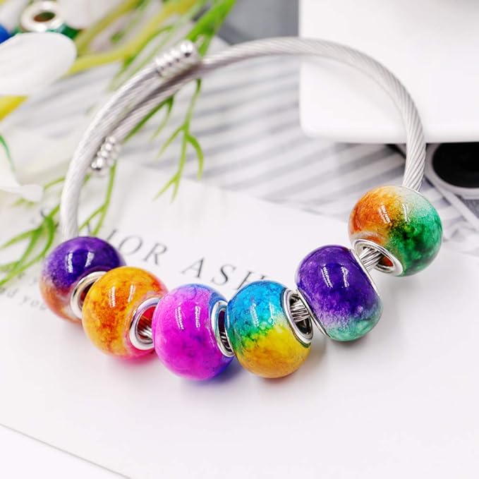 AIPRIDY 100Pcs 15x11mm Painting Murano Large Hole Glass Beads Mix Color with Silver Brass Cores European Charm fit Bracelet Necklace (Explosive Double Color Glass)