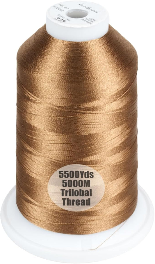 Simthread Trilobal Polyester Thread – 5000M (5500yds) No.40 – Super Sheen, Tangle-Free – Built-in Thread Lock Spool – Compatible with Brother, Singer, Janome & More, Light Brown-323
