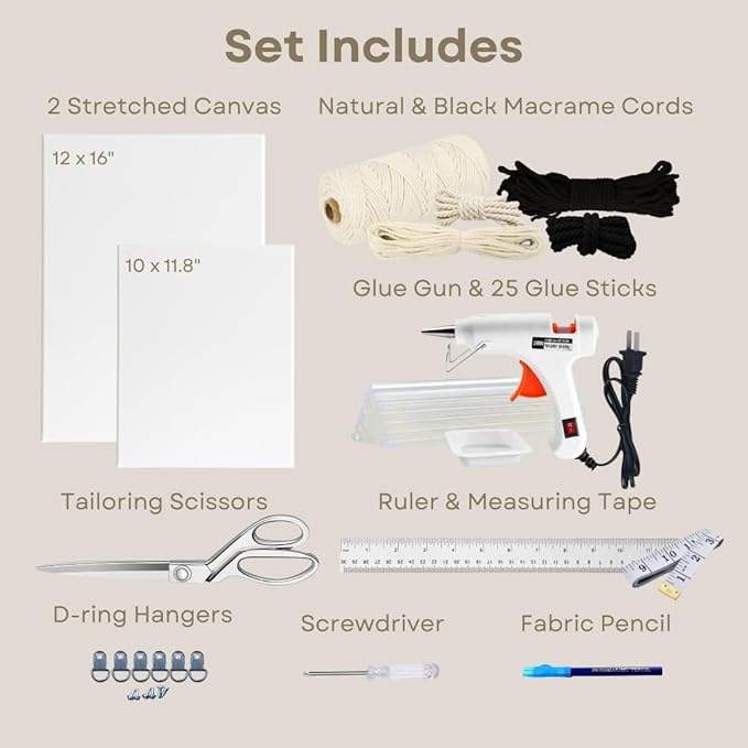 Macrame Kit for Beginners - DIY Rope Canvas Wall Art Kit with Ropes Supplies & Tools | DIY Macrame Art Wall Hanging Decor Starter Set, Craft Kits for Adults, Boho Aesthetic Home Decoration (Black)