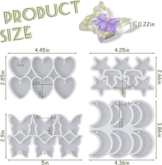 Resin Jewelry Molds, 4pcs Resin Earring Molds with Holes Keychain Making Kit, Butterfly Star Moon Heart Silicone Mold for UV Epoxy Crafts DIY Earrings, Necklace, Pendants, Keychains