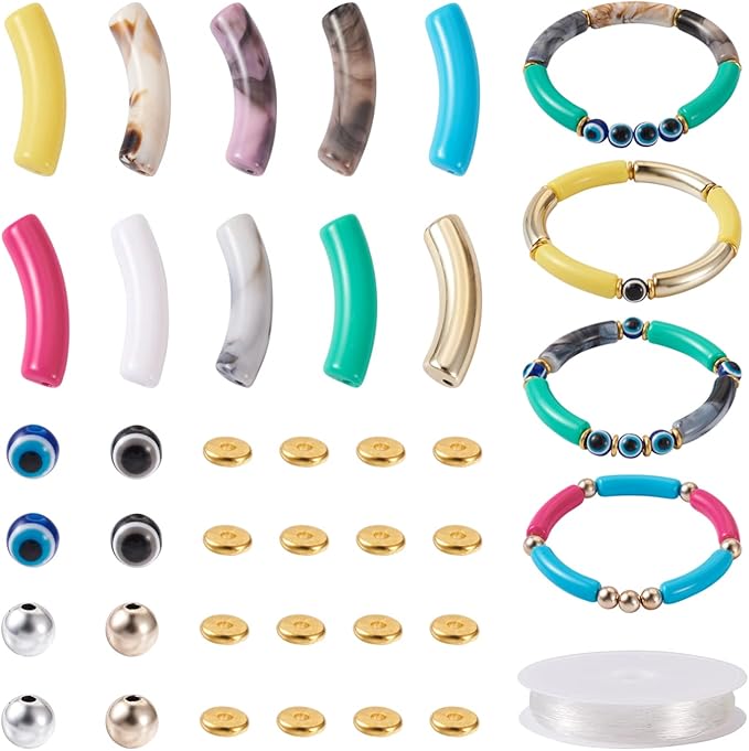 60Pcs Acrylic Chunky Tube Beads with Evil Eye Resin Beads, Disc Spacer Beads & Elastic Crystal Thread, Curved Tube Beads for Bamboo Bangles Bracelet Jewelry Making