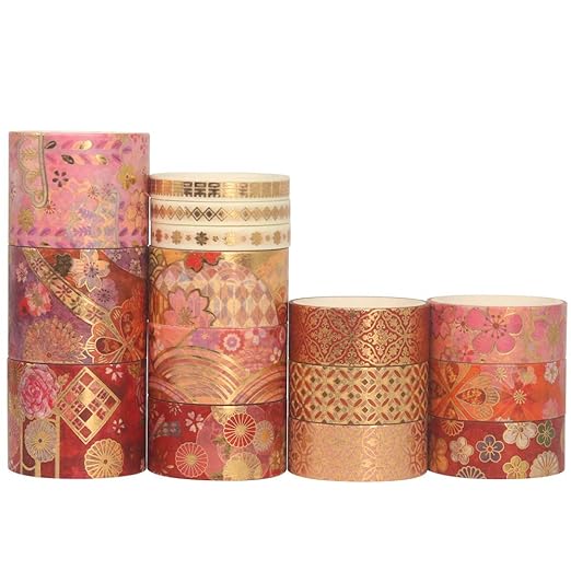 YUBBAEX Splendid Gold Washi Tape Set Embroidery Pattern Foil Decorative Tapes for Arts, DIY Crafts, Journal Supplies, Planners, Scrapbook, Gift Wrapping 15 Rolls (Fierce Flowers)