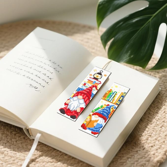FREEBLOSS 6 Set Cross Stitch Bookmark Kit 11 CT Stamped Cross Stitch Kit DIY Embroidery Bookmark Kits for Adult Beginners with Instructions, Gnome Pattern, 6 x 20 cm/8" x 2.4"