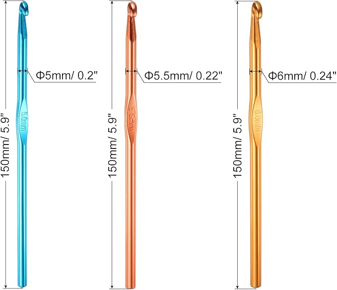 uxcell 12Pcs Aluminum Crochet Hook 5mm 5.5mm 6mm US Size 8 9 10 Knitting Needles for DIY Craft Yarn Blue Orange Gold