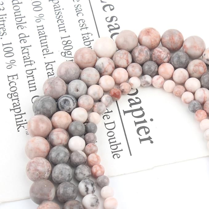 Stone Beads, 45pcs Pink Zebra Jaspers, 8mm Round Loose Beads for Jewelry Making, Bracelets, with Bag, String & Card
