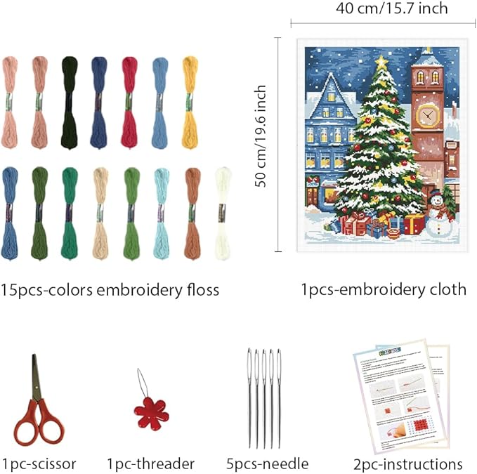 FREEBLOSS 11CT Christmas Tree Printed Cross Stitch Kits Stamped Embroidery Kits with Instruction Wall Hanging Kit for Needlepoint Adults Wall Art Decoration 16x20in/40x50cm