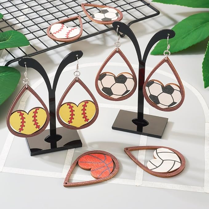 20pcs Sport Ball Earring Making Kits Football Basketball Rugby Wooden Charms 5 Styles Sport Ball Earring Pendants with Ear Hooks Jump Rings for DIY Jewelry Hanging Ornament Making