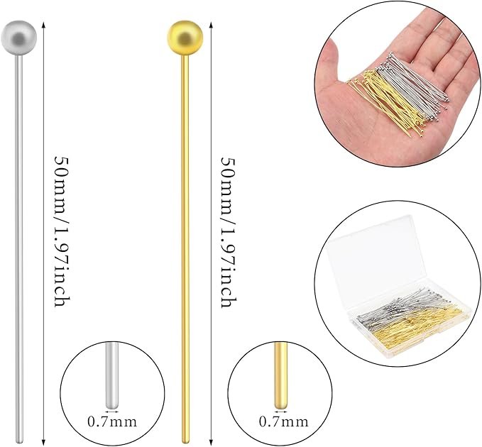 200 Pcs 50mm Straight Ball Pins for Craft Earring Bracelet Necklace Pendant DIY Jewelry Making, Platinum & Gold Color